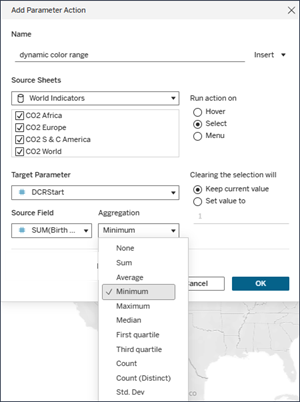 เพิ่มกล่องโต้ตอบการดําเนินการพารามิเตอร์โดยตั้งค่าช่วงสีแบบไดนามิกเป็นฟิลด์แบบต่อเนื่อง