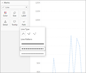 具有“路径”属性的“标记”卡显示将线条图案更改为实线、虚线或点线的选项