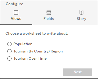 显示三个可用工作表的“数据故事”对话框：“Population”（人口）、“Tourism by Country/Region”（按国家/地区划分的旅游）和“Tourism Over Time”（随时间变化的旅游）。
