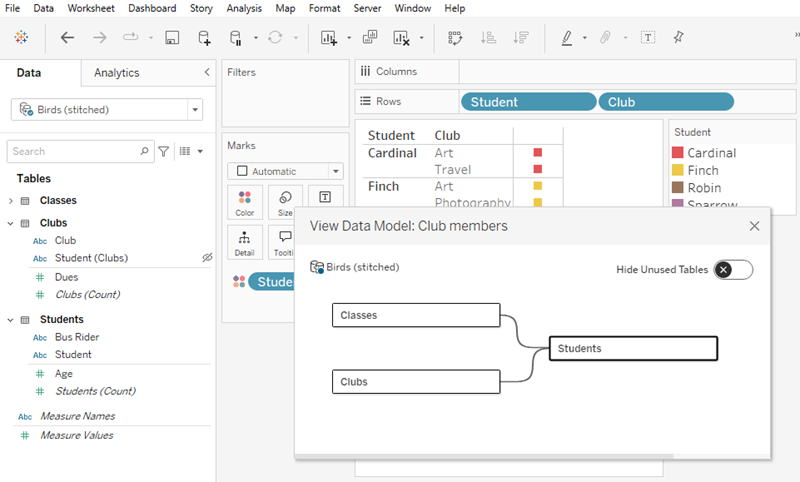 打开了“查看数据模型”对话框的 Tableau 制作 UI