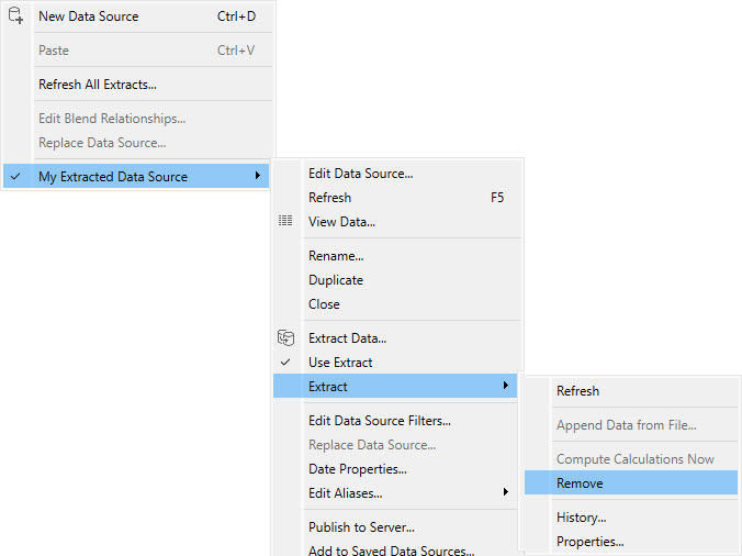 The Data menu showing the data source name selected, the submenu for the data source with Extract selected, and the submenu with Remove selected.
