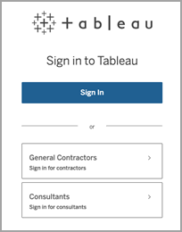 De aanmeldingspagina van Tableau met aparte opties voor algemene contractanten en adviseurs om in te loggen.