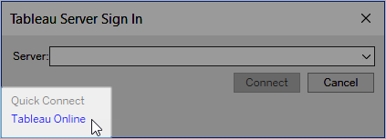 Fönstret Tableau Server-inloggning med fält för serveradress, användarnamn och lösenord. Listrutemenyn Snabbanslutning är öppen och serveradressen är markerad.
