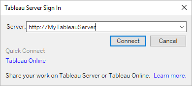 หน้าต่างเข้าสู่ระบบ Tableau Server พร้อมฟิลด์ที่อยู่เซิร์ฟเวอร์ ปุ่มเชื่อมต่อ และปุ่มยกเลิก