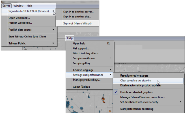 เมนูที่แสดงตัวเลือกในการล้างการเข้าสู่ระบบเซิร์ฟเวอร์ที่บันทึกไว้และปิดการใช้งานการอัปเดตผลิตภัณฑ์อัตโนมัติ