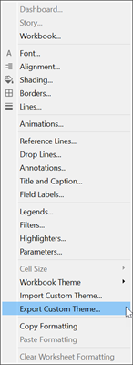 A format menu with "Export Custom Theme" option chosen.