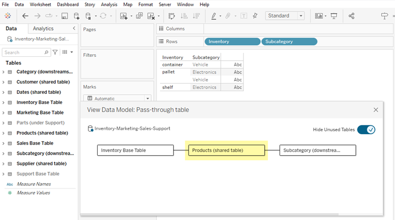 the view data model dialog showing three tables when only two fields are in use in the viz