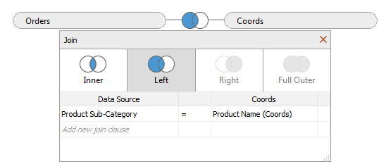 Uma tabela de união com uma união à esquerda na Subcategoria do produto e no Nome do produto (Coordenadas).