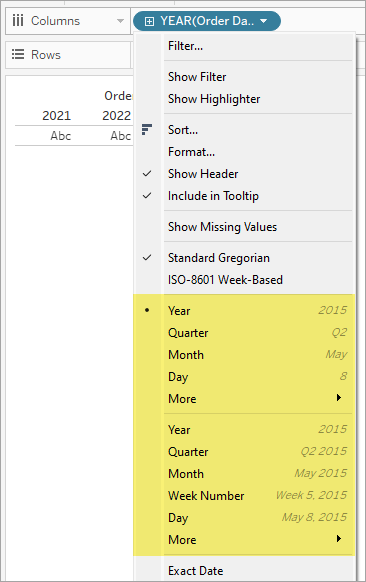 Um menu exibe diferentes formatos de data, incluindo ano, trimestre, mês e dia.