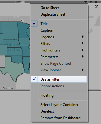 Uma lista de opções para uma camada de mapa em um painel, incluindo as opções para usar como filtro, mostrar controle de página e visualizar barra de ferramentas.