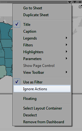 Uma lista de opções para um mapa em um painel, incluindo as opções para usar como filtro, mostrar controle de página e visualizar barra de ferramentas, com Ignorar ações destacado.