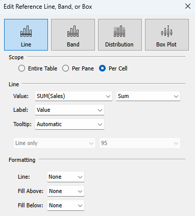 Caixa de diálogo para editar a linha de referência, faixa ou caixa de um gráfico.