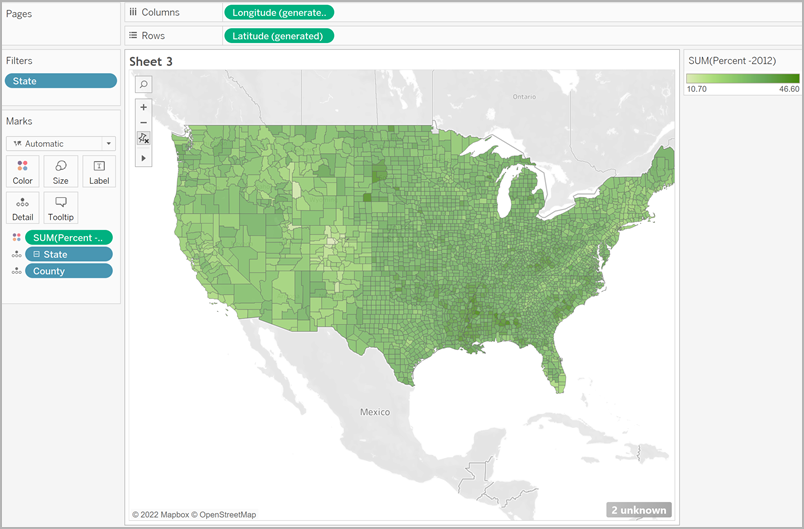 Um mapa coroplético dos Estados Unidos com condados sombreados por uma porcentagem do valor total.
