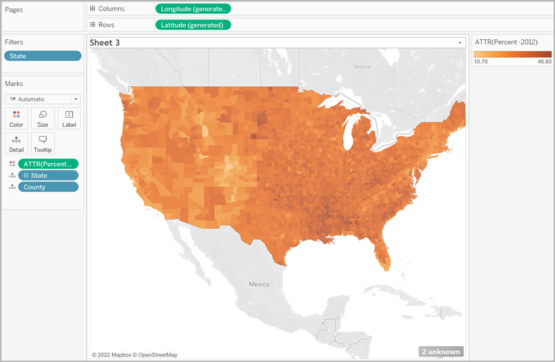 Um mapa coroplético dos Estados Unidos com condados sombreados por uma porcentagem de valor de atributo.