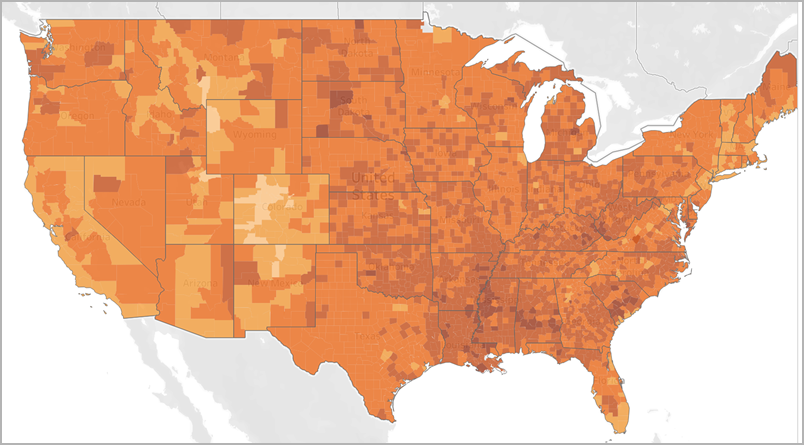 Um mapa coroplético dos Estados Unidos.