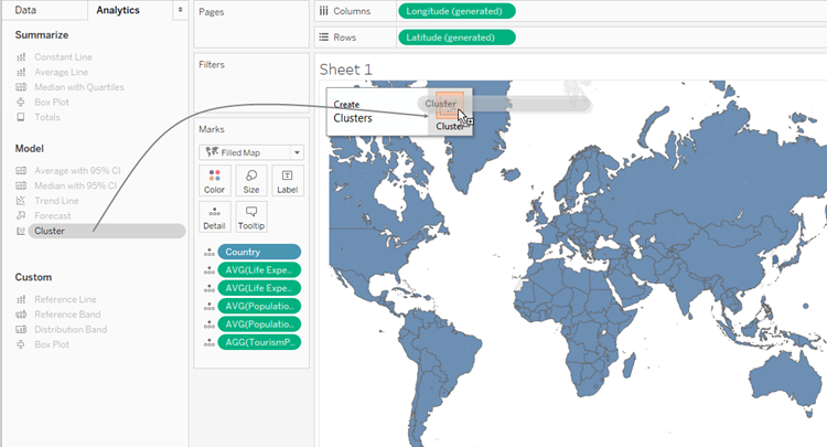 Um diagrama que ilustra como arrastar o modelo Cluster do painel Análise para um mapa preenchido para criar clusters.