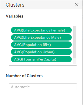 A caixa de diálogo Clusters lista variáveis e uma configuração para o número de clusters.