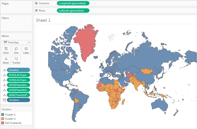 Um mapa mundial com Clusters adicionados à divisória Cores.