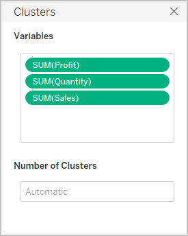 A caixa de diálogo Clusters lista variáveis e uma configuração para o número de clusters.