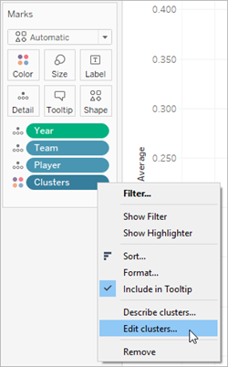 O menu suspenso Filtro com a opção de editar clusters.