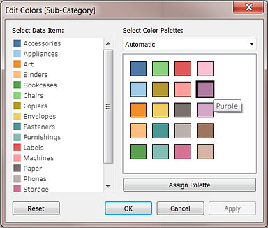 A janela Editar cores permite selecionar itens de dados e aplicar uma paleta de cores. A cor roxa está selecionada.