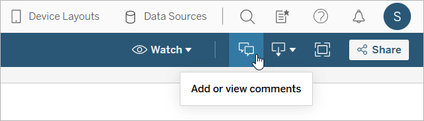 Barra de ferramentas com o cursor pairando sobre o ícone adicionar ou visualizar comentários.