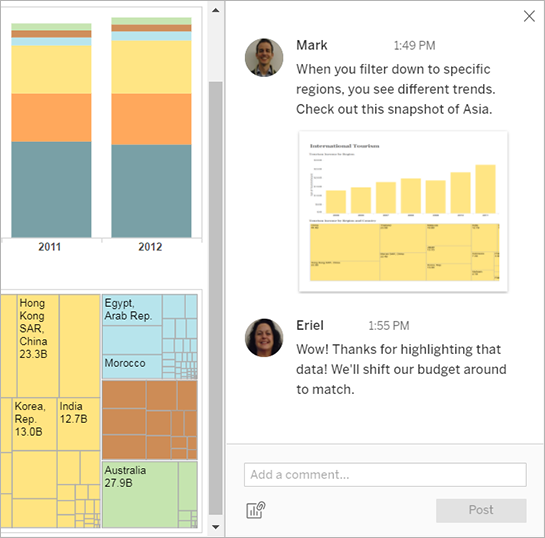 Exibição em painel de um tópico de comentários entre dois usuários sobre pontos de dados em um gráfico de barras.