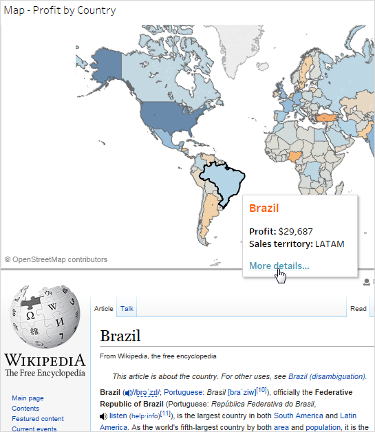 Painel com um link para uma página da Web que direciona para a entrada da Wikipédia sobre o Brasil.