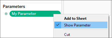 Uma opção de menu suspenso para Mostrar parâmetro.