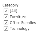 Lista de caixas de seleção de categorias com opções selecionadas para Tudo, Móveis, Material de escritório e Tecnologia.
