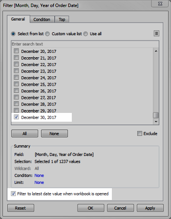 Uma janela de filtro com a data 30 de dezembro de 2017 selecionada em uma lista de datas, e a opção selecionada para filtrar pelo valor de data mais recente quando a pasta de trabalho for aberta.