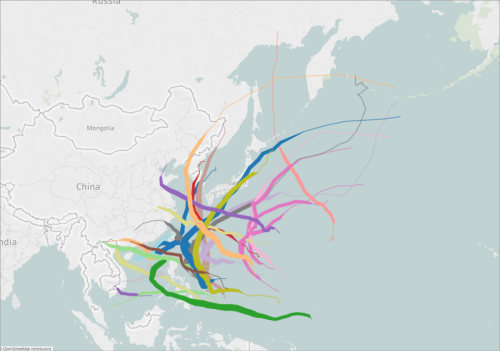 Um mapa com linhas codificadas por cores sobre o leste da Ásia e o Oceano Pacífico, indicando rotas de voo.