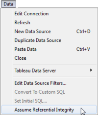 Menu de dados com a opção presumir integridade referencial destacada.