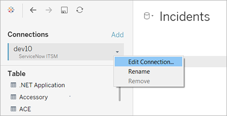 Menu de contexto para uma conexão com a opção de editar a conexão selecionada.