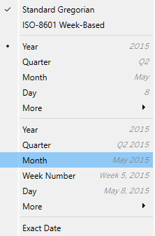 Menu de contexto para a medida YEAR([Ship Date]) com a opção de mês destacada.