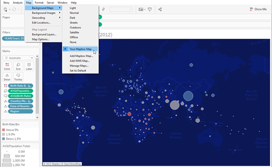 Menu do mapa expandido com "mapas de fundo" e "seu mapa mapbox" selecionados.