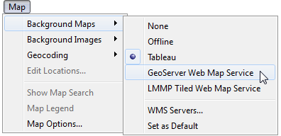 Menu do mapa expandido com mapas de fundo e GeoServer Web Map Service selecionado.
