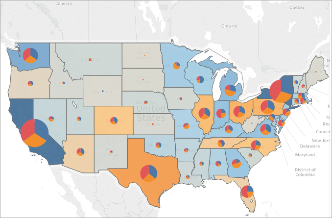 Mapa preenchido com gráficos de pizza dos Estados Unidos.