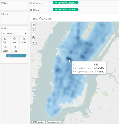 Um mapa de Manhattan exibindo um mapa de variações de pontos de táxi.