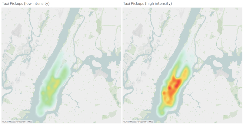 Dois mapas de densidade lado a lado: um com baixa intensidade e o outro com alta intensidade.