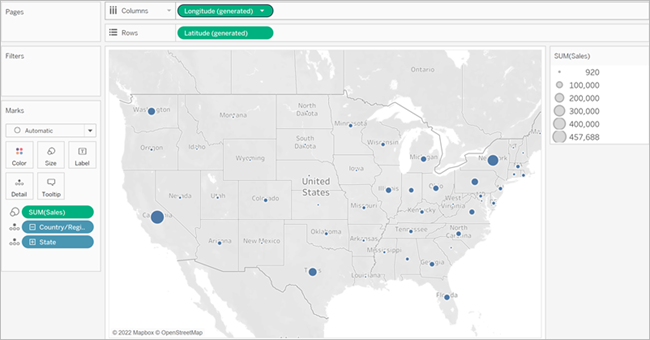 Um mapa de pontos dos Estados Unidos com dados de vendas por estado codificados no tamanho Marca.