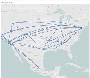 Um mapa ilustrando rotas de voo dentro dos Estados Unidos e do México.