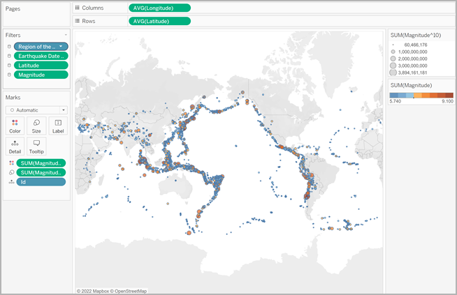 Um mapa mundial com marcas codificadas com tamanho e cor para mostrar a magnitude dos terremotos.
