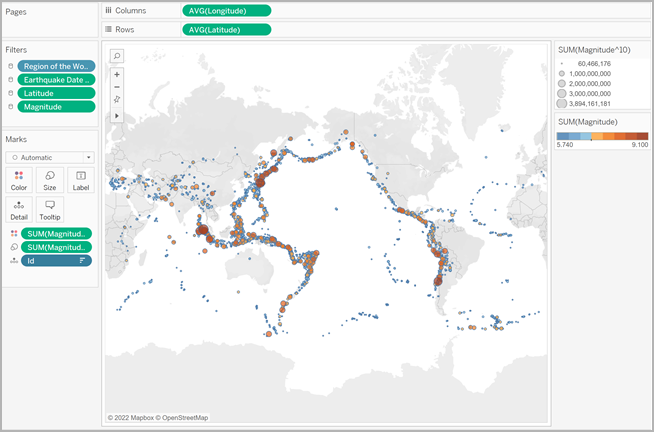 Um mapa mundial com marcas codificadas com tamanho e cor para mostrar a magnitude dos terremotos.