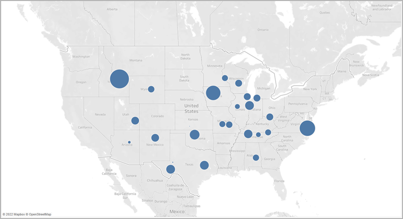 Um mapa de pontos dos Estados Unidos com marcas codificadas por tamanho.