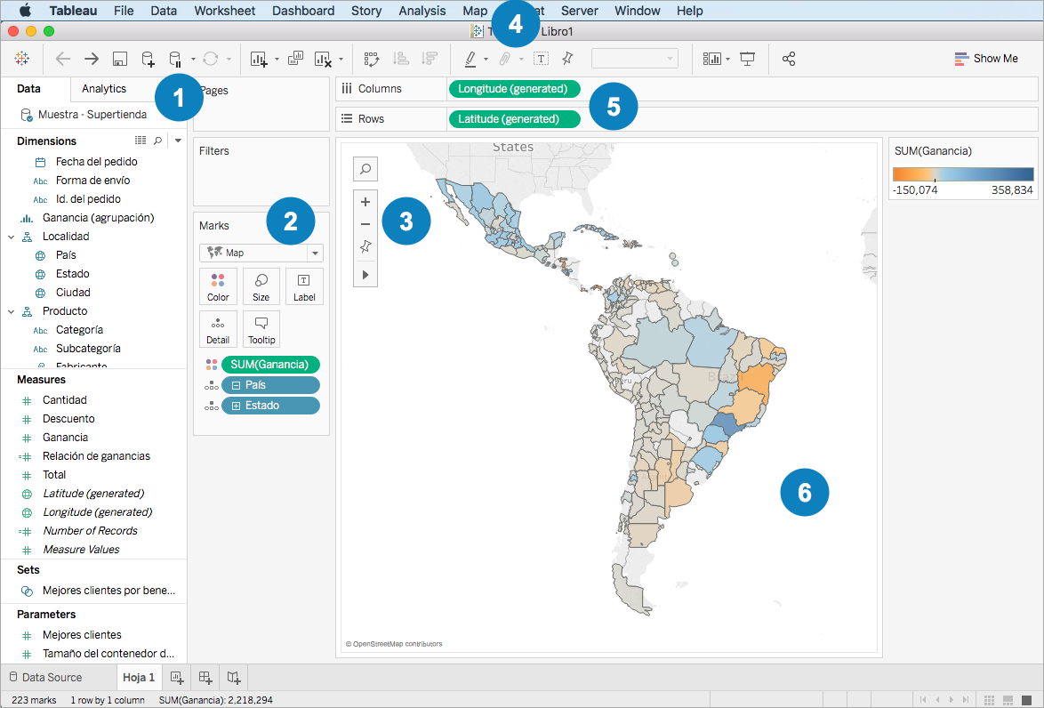 Workspace de mapas rotulado com 6 pontos.