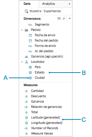 Painel de dados com legendas apontando para campos que têm funções geográficas aplicadas.