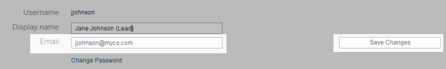 Um formulário com campos para nome de usuário, nome de exibição, endereço de e-mail e um botão para salvar alterações. Também inclui um link para alterar sua senha.