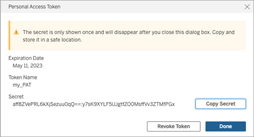 Uma caixa de diálogo mostra seu token de acesso pessoal secreto.