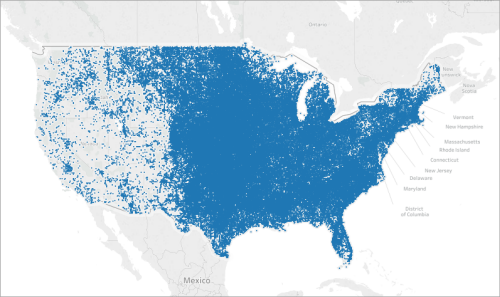 Um mapa com pontos de dados agrupados no leste dos Estados Unidos.